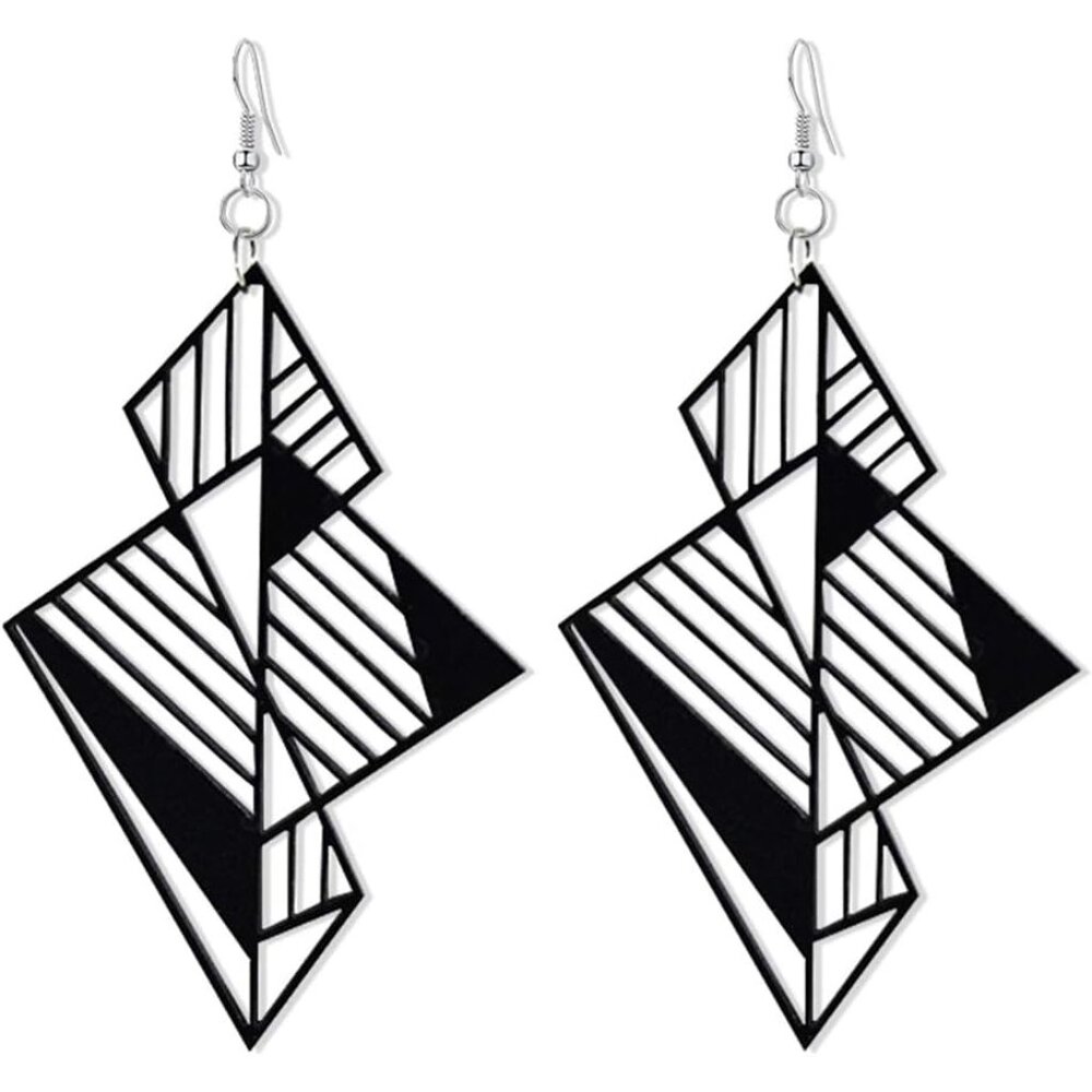 Lightweight Unique 1980s Retro Style Chandelier Dangle Drop Hollow Earrings Blac